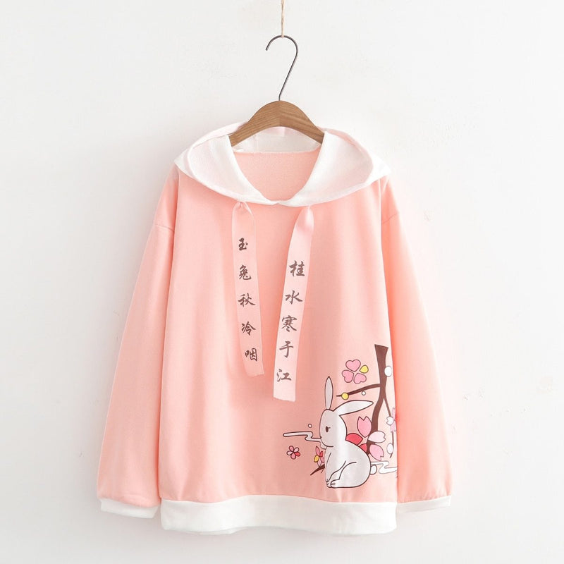Pink Japanese Bunny Rabbit Hoodie Sweater Poncho Cape Harajuku Japan Kawaii Cherry Blossom Tree Branch Flowers
