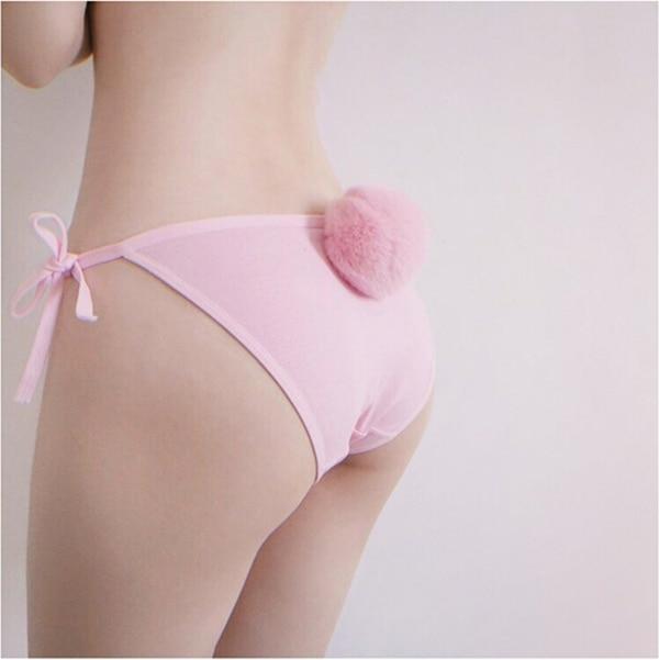 Pink Bunny Rabbit Pom Pom Tail Thong undies Panties Pompom Plush Petplay Kink