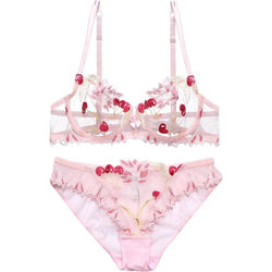 Pink Cherry Lingerie Set Bra & Panties Sexy Underwear Embroidered 