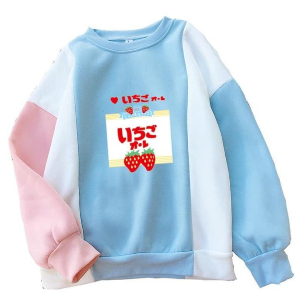 Strawberry Japanese Harajuku Crewneck Patchwork Sweater Sweatshirt Pullover Japan Street Fashion Fairy Kei
