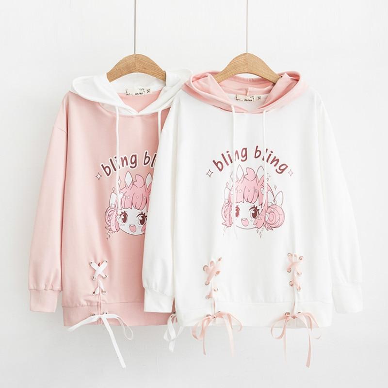 Pastel Pink Bling Bling Bunny Anime Girl Hoodie Sweater Hooded Sweatshirt Kawaii Fashion Fairy Kei