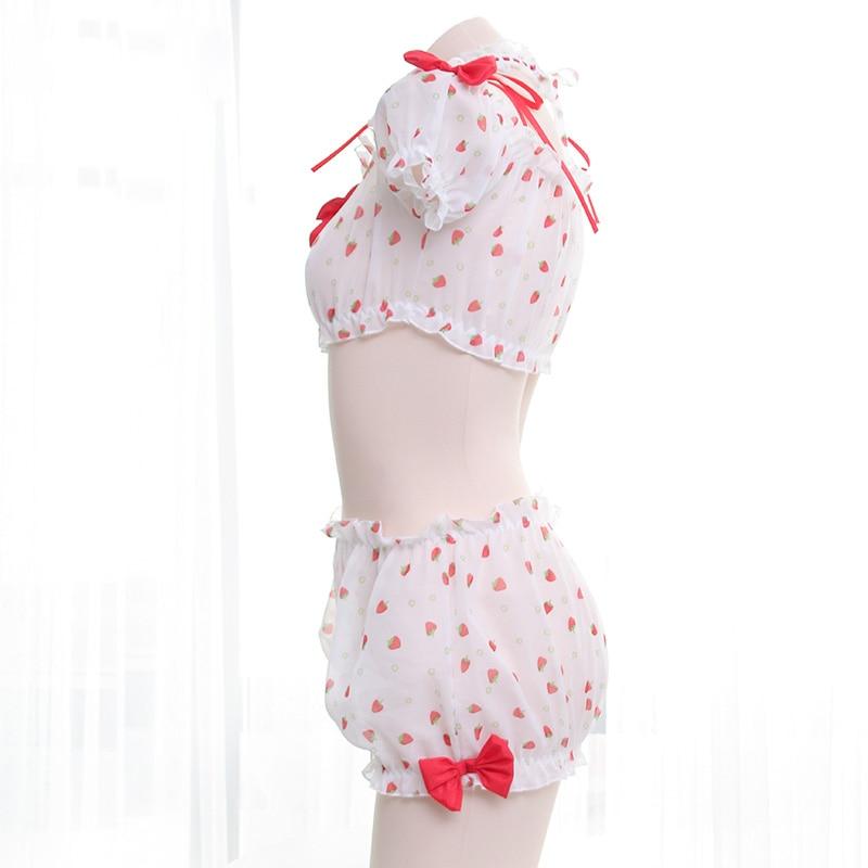 Sexy Strawberry Country Girl Lingerie Set Outfit Berries Bloomer Shorts Crop Top Cute Sexy Innocent 