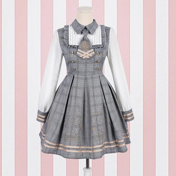 Grey Student Lolita Dress Costume Cosplay Mori Girl Kawaii Japan Fashion Tartan Plaid