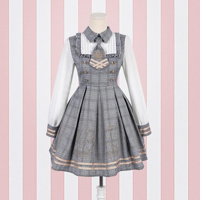 Grey Student Lolita Dress Costume Cosplay Mori Girl Kawaii Japan Fashion Tartan Plaid