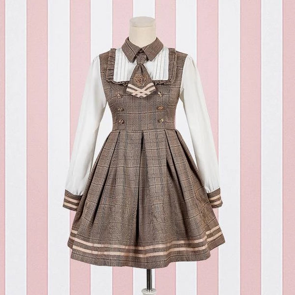 Brown Student Lolita Dress Costume Cosplay Mori Girl Kawaii Japan Fashion Tartan Plaid