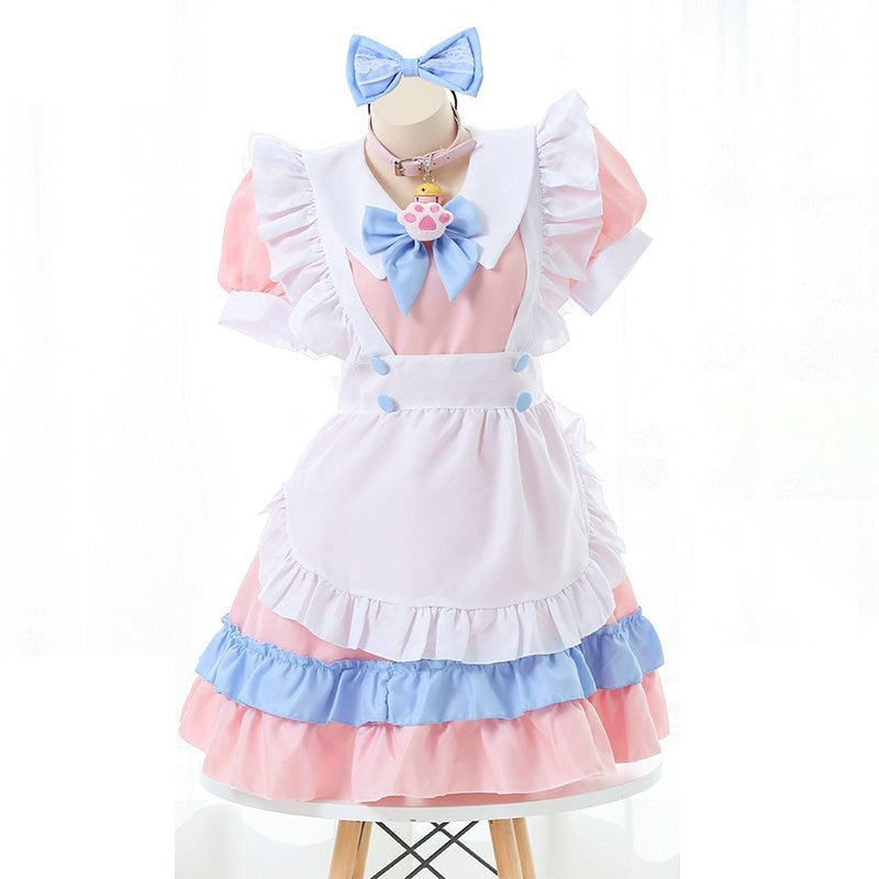 pink and white maid dress Lolita Cosplay Blue & Pink Lace Ruffled Apron Maid Dress Sugarplum Store