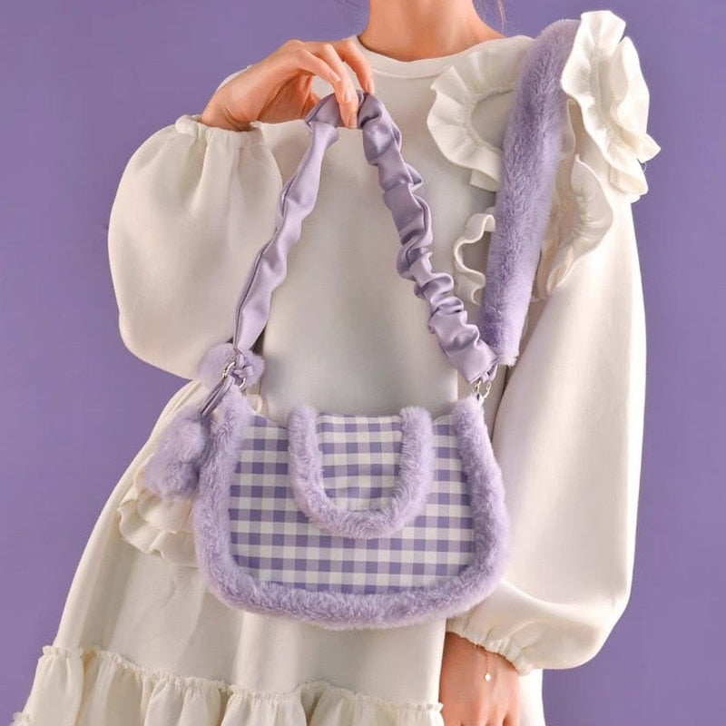 Purple Plush Plaid Handbag - Purse
