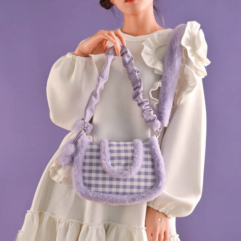 Purple Plush Plaid Handbag - Purse