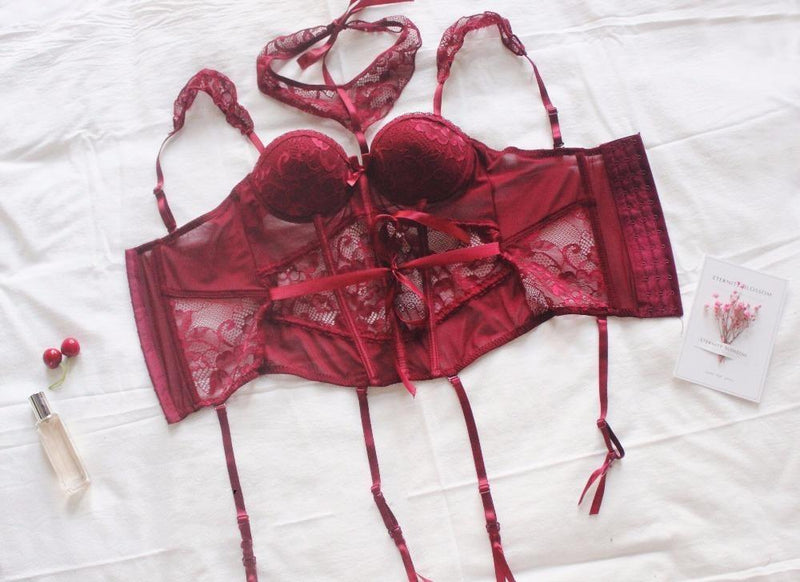 Regal Elegant Lace Maroon Red Lingerie Set Fetish Kink Intimate Underwear Brasier Bra