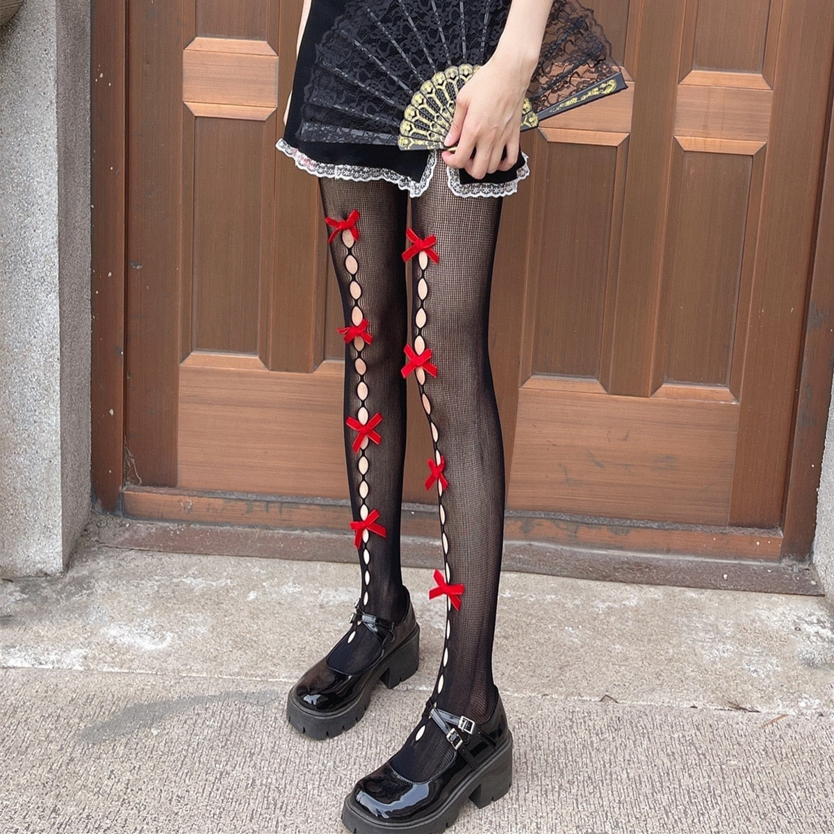 Ribbon Fishnet Stockings Nylon Tights Aesthetic eGirl Kawaii Babe