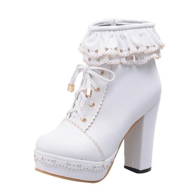 Ruffled Lace Lolita Booties - White / 8.5 - boots