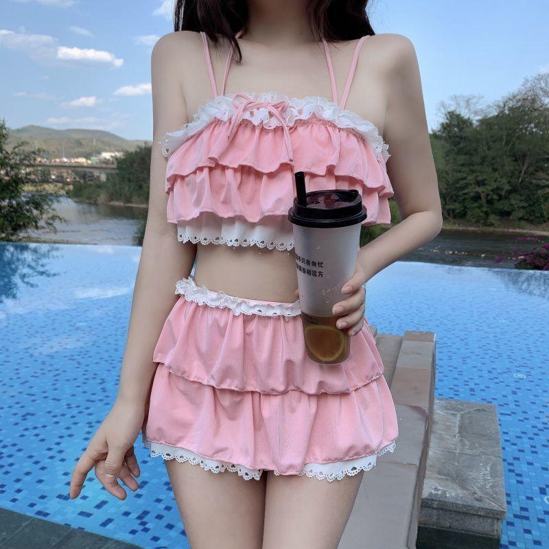 Pink Ruffled Lolita Cosplay Bikini Swimsuit Swimwear Kawaii Babe