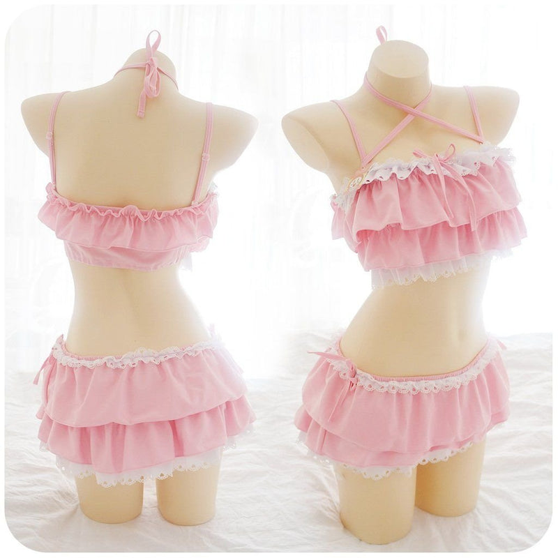 Lolita Sweet Sexy Underwear Bra And Panties Set Kawaii Swimsuit Pink White  Bikini Outfit For Women Cosplay Costumes Hot Lingerie