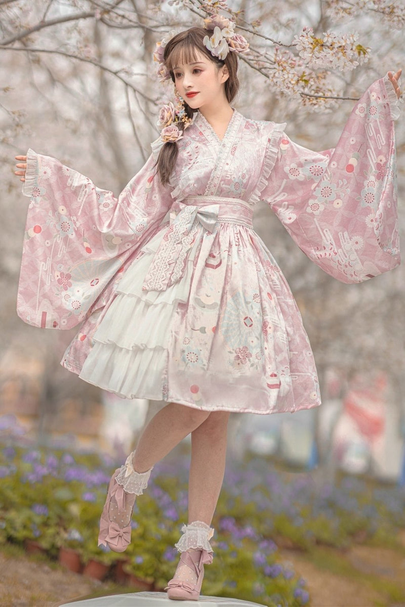 Cherry Blossom Lace Up Dress (White/Pink)