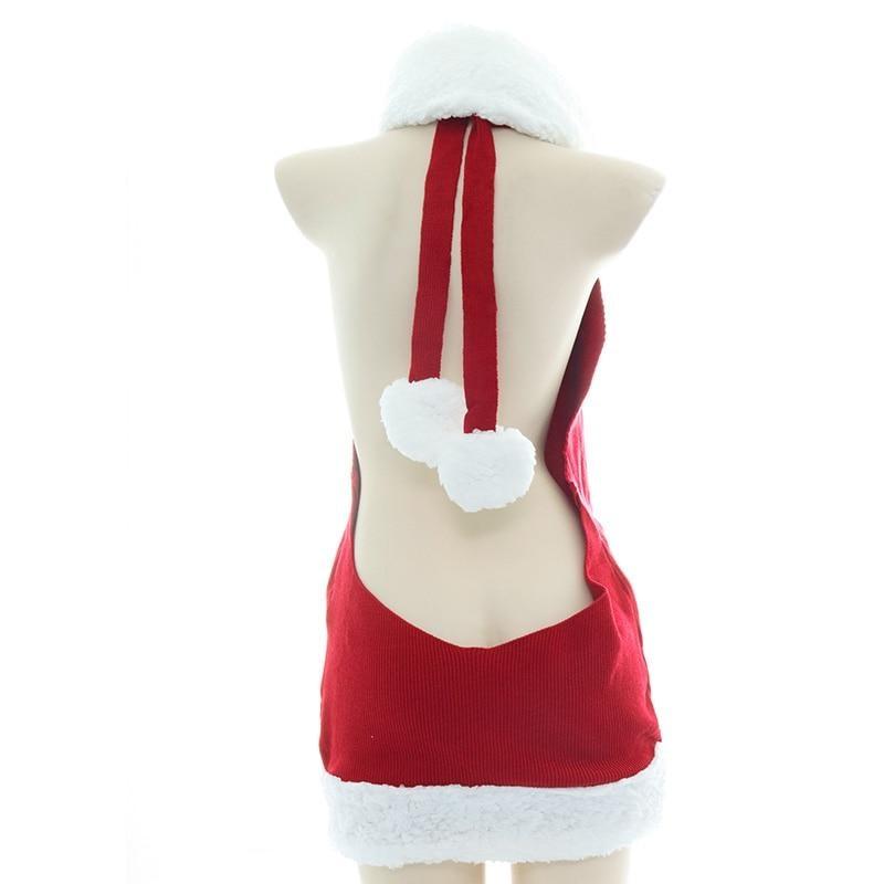 Christmas Sweater Dress with Faux Fur Trim and Open Back Pom Pom Ties