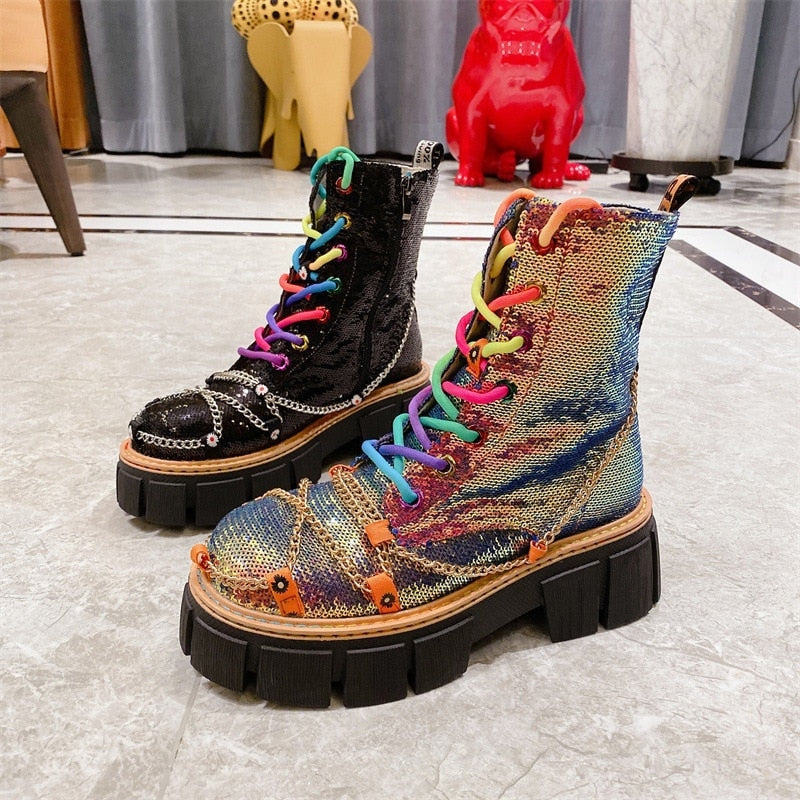 Sequin Combat Booties - ankle boots, booties, combat, combat boots