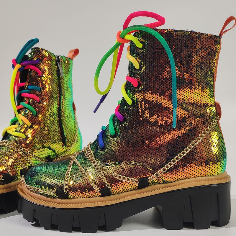 Sequin Combat Booties - ankle boots, booties, combat, combat boots