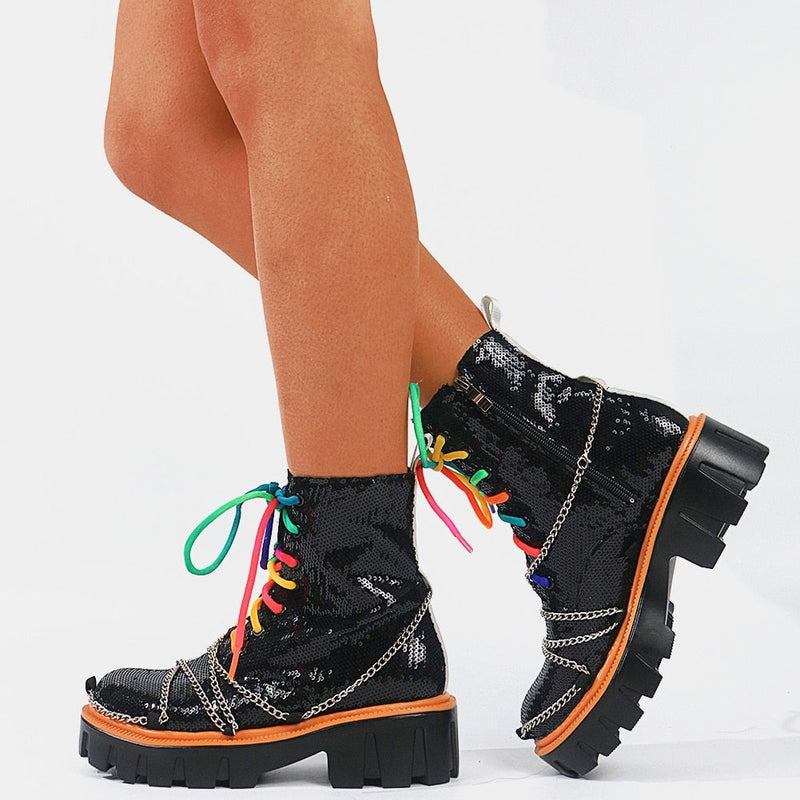 Sequin Combat Booties - ankle boots, booties, combat, combat boots
