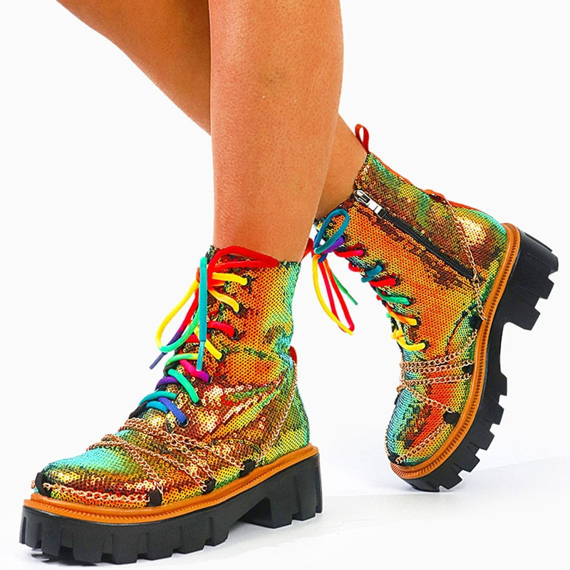 Sequin Combat Booties - ankle boots, booties, combat, combat boots