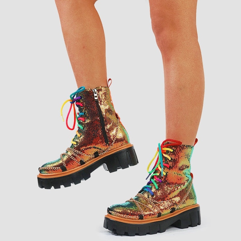 Sequin Combat Booties - ankle boots, booties, combat, combat boots