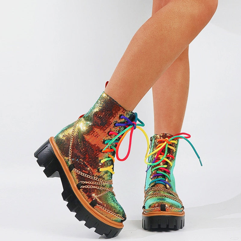 Sequin Combat Booties - ankle boots, booties, combat, combat boots