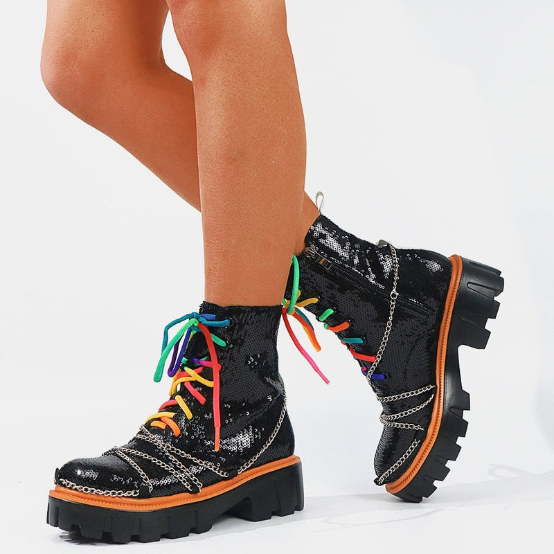 Sequin Combat Booties - ankle boots, booties, combat, combat boots