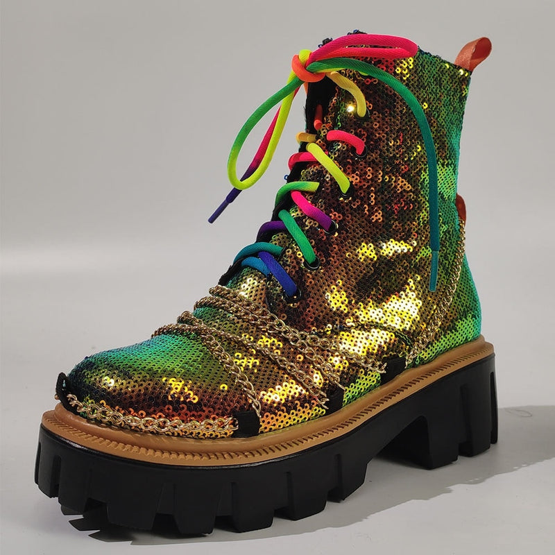 Sequin Combat Booties - ankle boots, booties, combat, combat boots