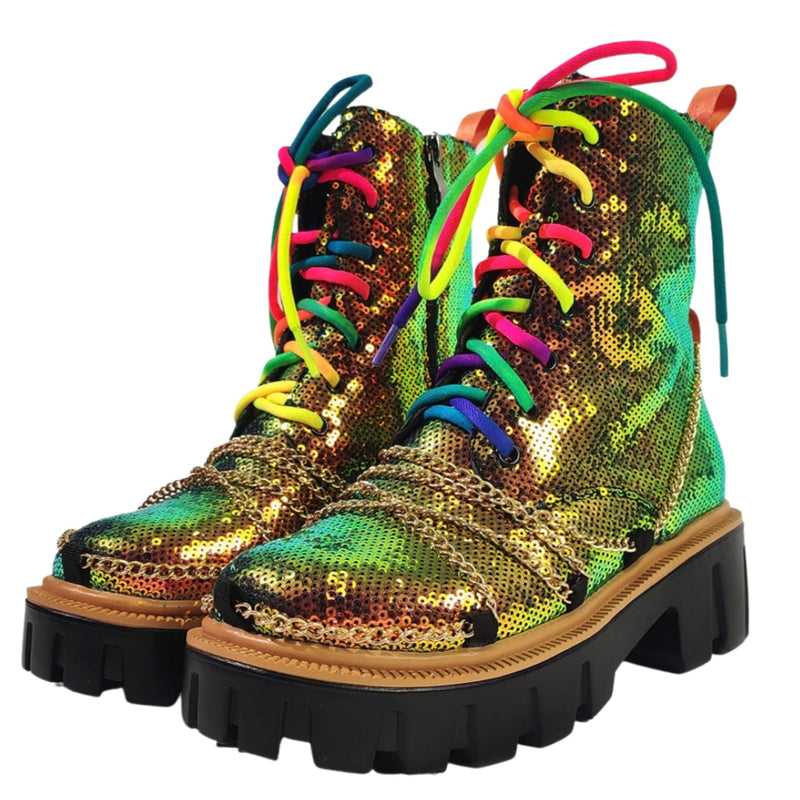 Sequin Combat Booties - Orange / 10 - ankle boots, booties, combat, combat boots