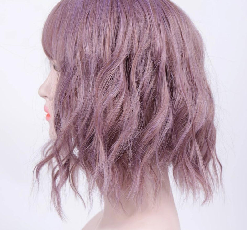 Short Wavy Pastel Purple Wig With Bangs Fringe Lace Front Kanekalon Fibre