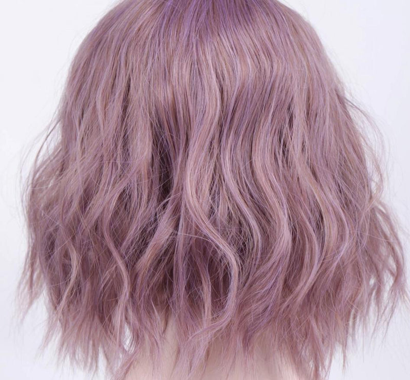 Short Wavy Pastel Purple Wig With Bangs Fringe Lace Front Kanekalon Fibre