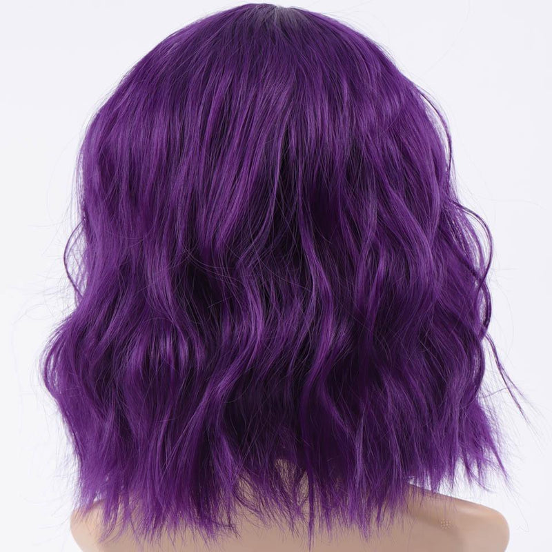 Short Wavy Purple Wig With Bangs Fringe Lace Front Kanekalon Fibre
