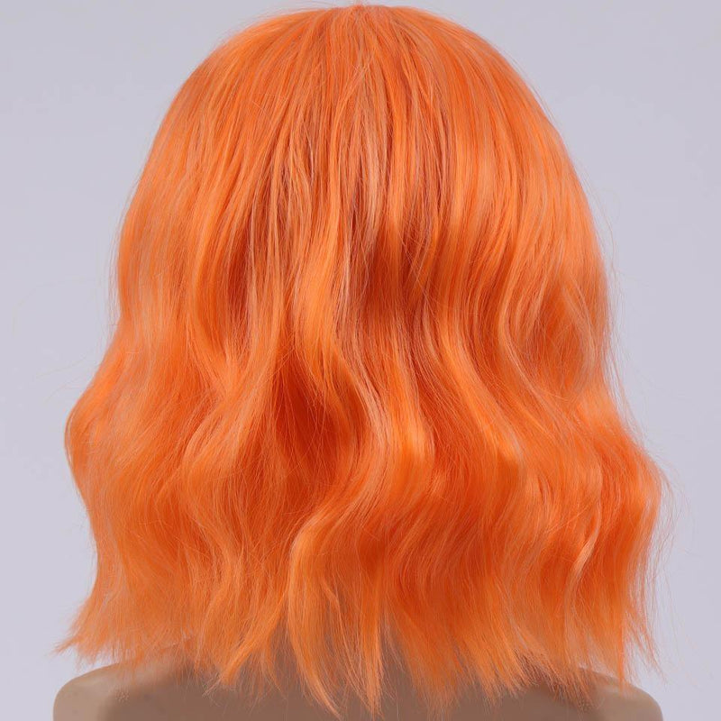 Short Wavy Orange Wig With Bangs Fringe Lace Front Kanekalon Fibre