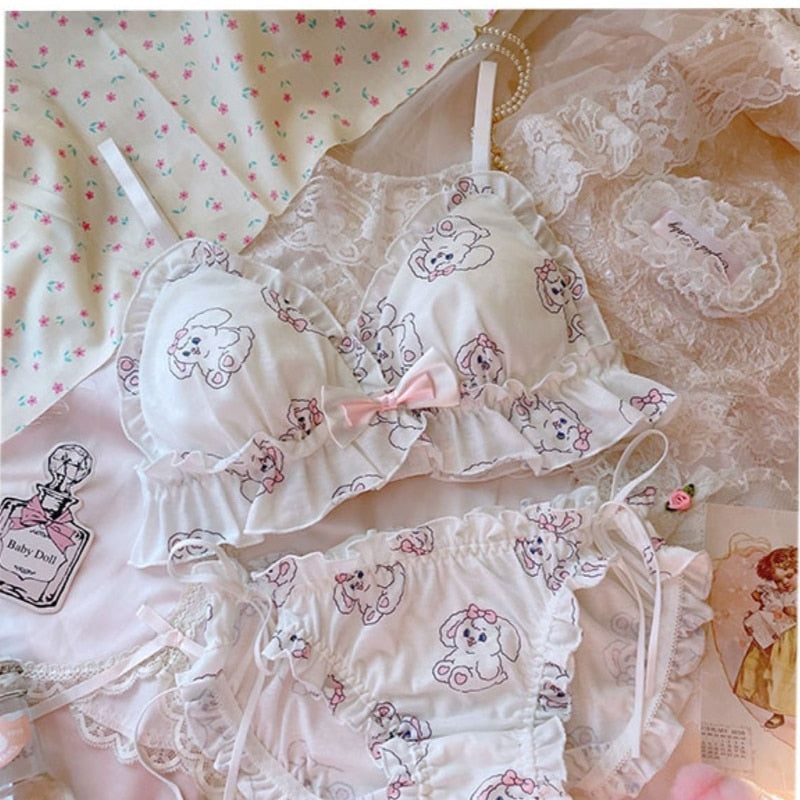 Soft Baby Bun Lingerie Set Ruffled Kawaii Cute Pink Bunny