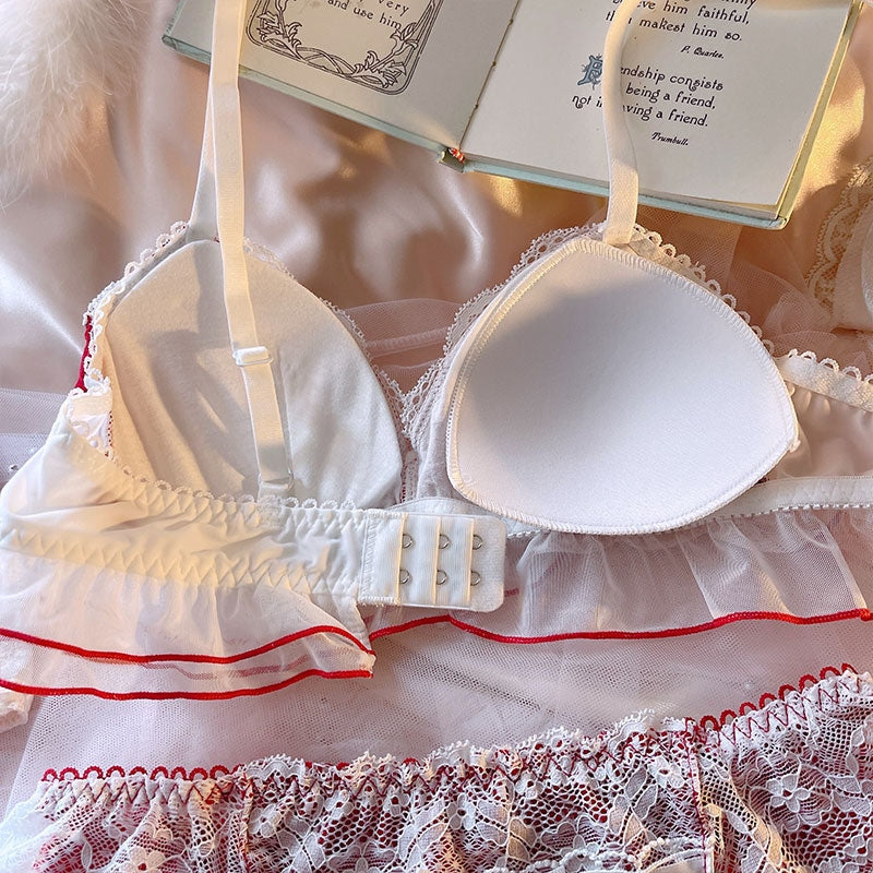 Japanese Strawberry Chiffon Bra & Panties Set Back With Ruffles Trim Soft,  Wirefree Sleep Intimates For Kawaii Lolita Style Wholesale From Suiyuan99,  $38.58