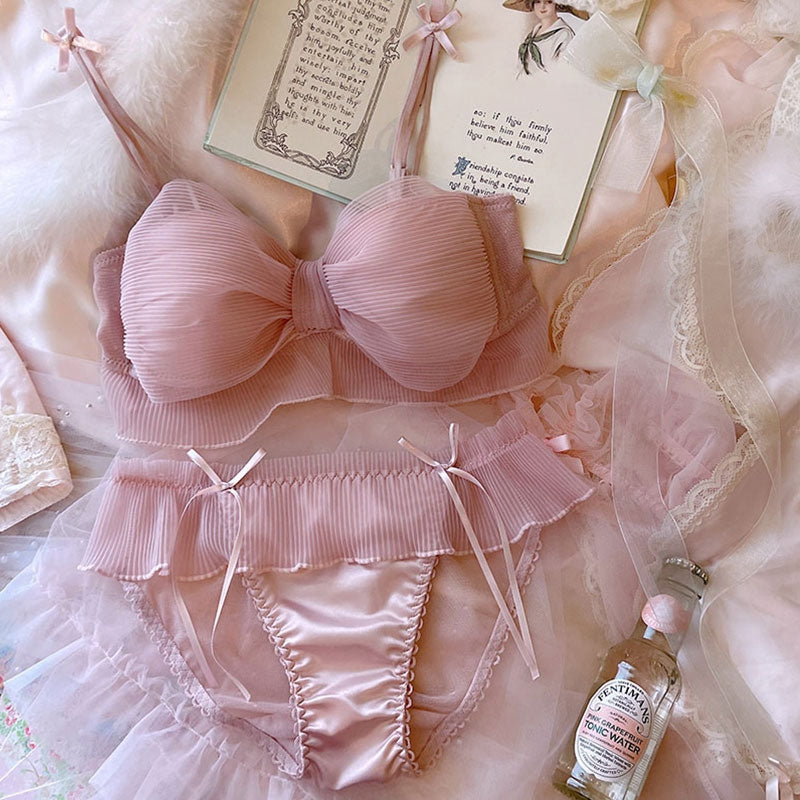 Is That The New Kawaii Solid Ruffle Hem Bow Decor Lingerie Set