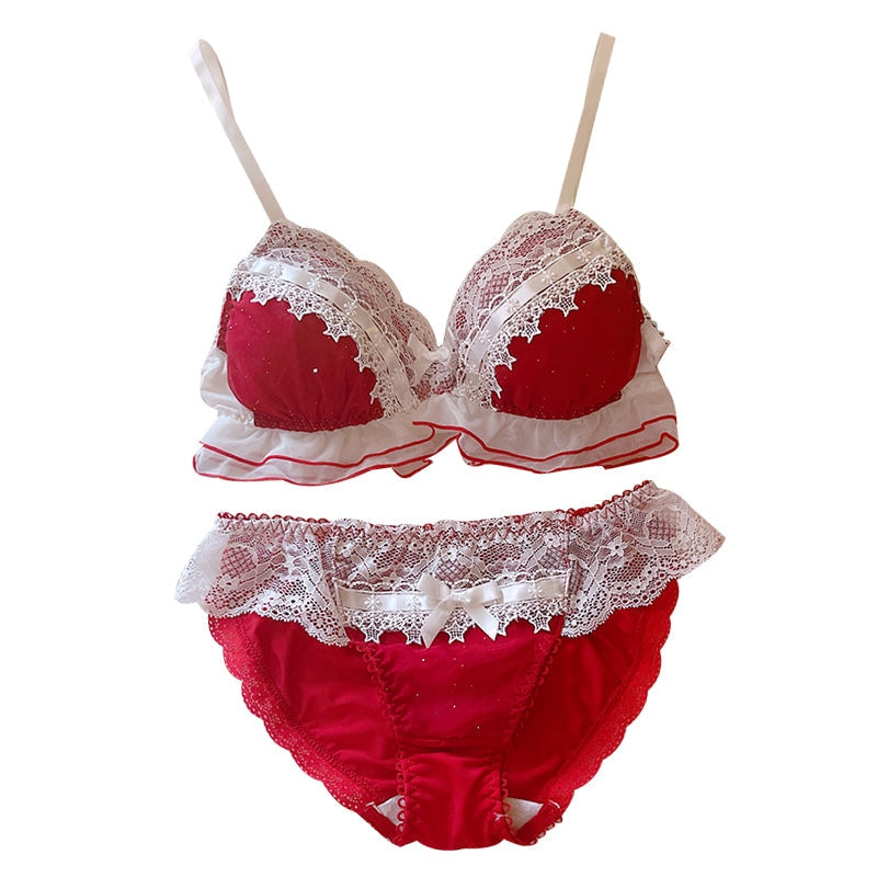 Soft Chiffon Princess Lingerie Set - Red Doily / M - angelcore, dollette, ethereal, fairycore, kawaii lingerie