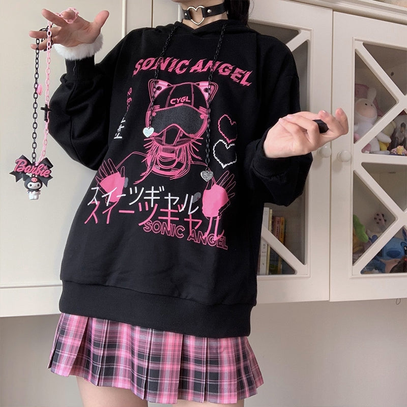 Pastel Goth Black Pink Sonic Angel Hoodie Sweater | Kawaii Babe