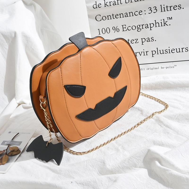 Orange Spooky Pumpkin Halloween Purse Handbag Creepy Cute Gothic Bag With Bat Keychain