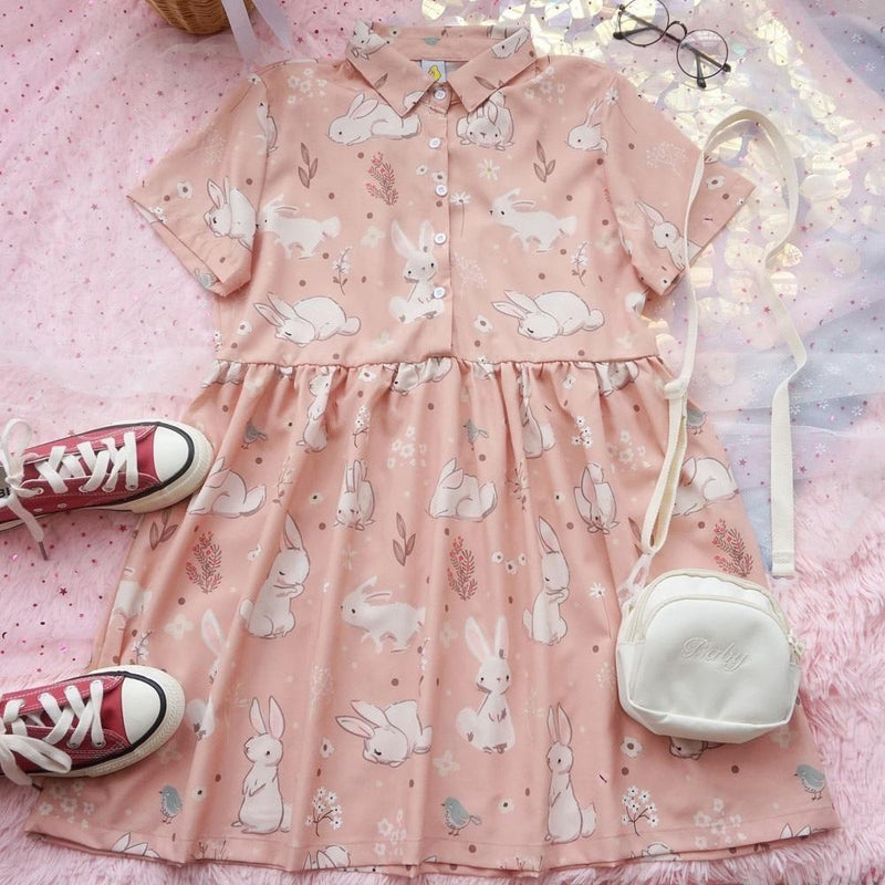 Spring Bunny School Girl Dress - Pink - baby bun, bunnies, bunny rabbit, dresses, flower