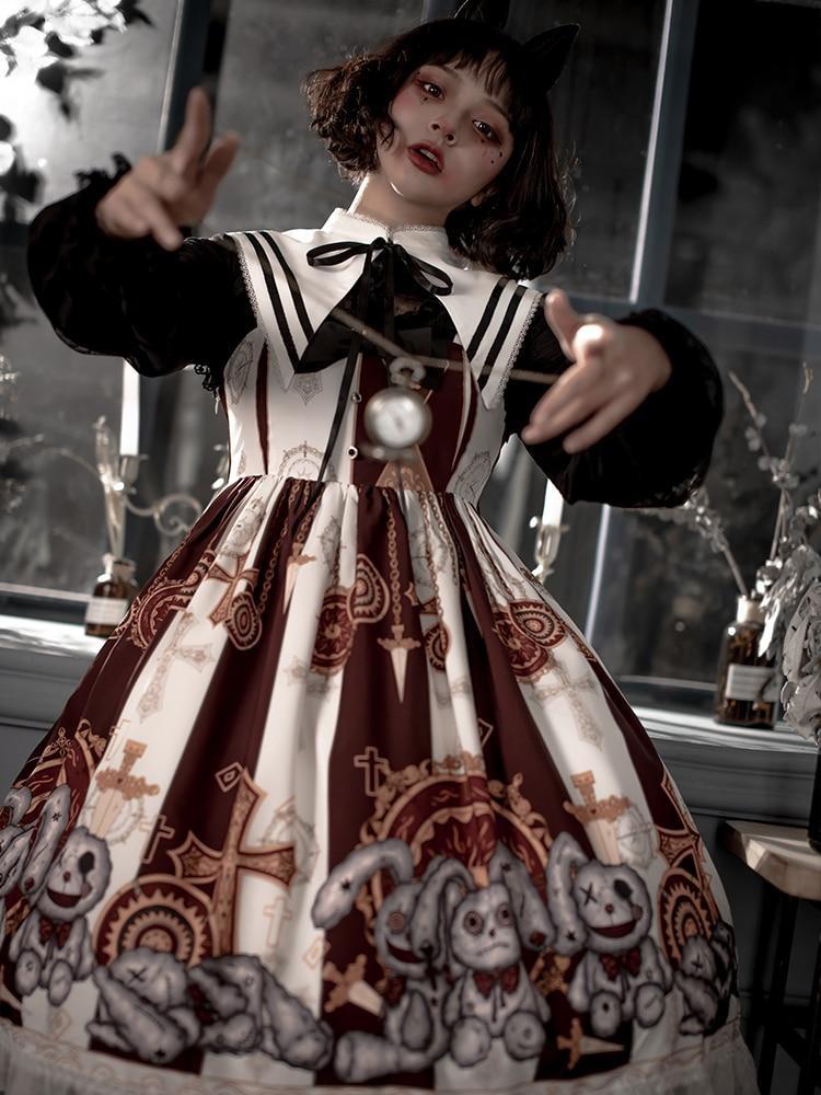 Steampunk Macabre Lolita Dress - White / M - brown dress, dresses, goth girl