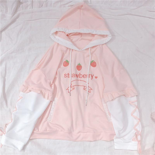 Pink Strawberry Hoodie Silk Ribbon Corset Sleeves Kawaii Cute