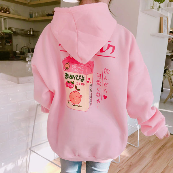 Peach Cat Kawaii Cute Plus Size Hoodies Warm Harajuku Oversized Sweatshirt  Women Cartoon Winter Print Pullovers Loose Streetwear