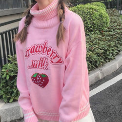 Strawberry Milk Knit Sweater - Pink Sweater - turtleneck