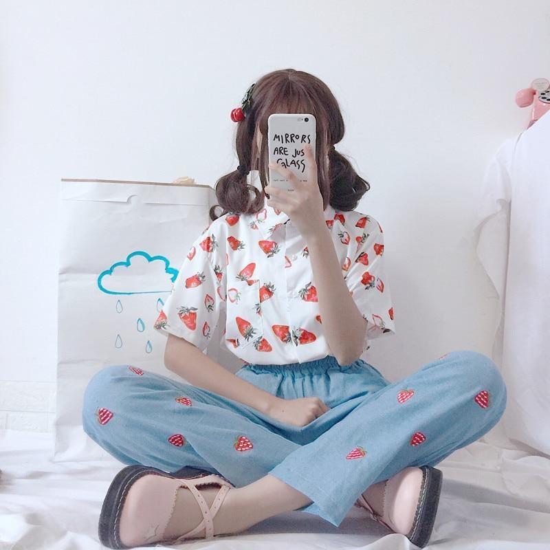 White Red Strawberry Button Up Blouse Short Sleeve Top T-shirt Kawaii Cute K-Pop Harajuku Fashion