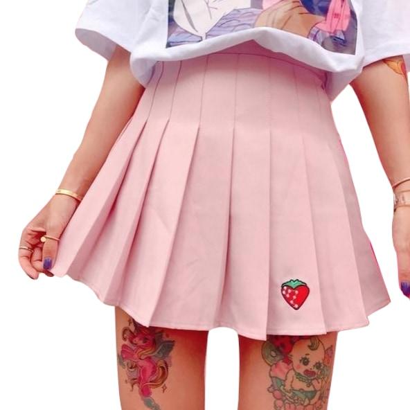 Pink Strawberry Tennis Skirt Pleated School Girl Skirts Harajuku Kawaii Japan Fashion 