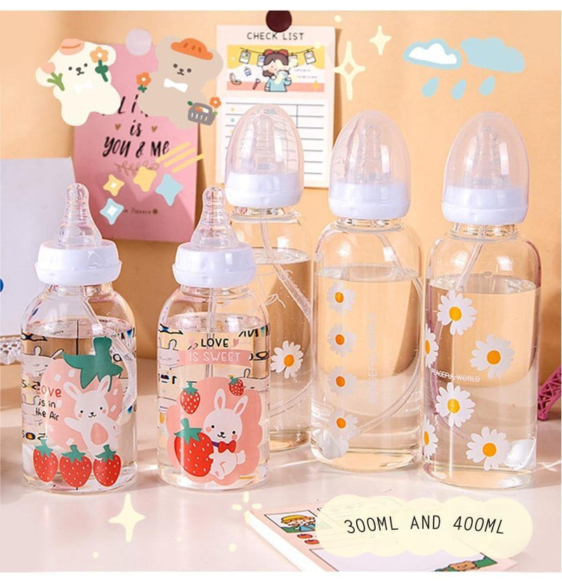 Cute Adult Baby Bottle Suction Cup Korea Creative Personality Glass  Portable Cartoon Milk Student Cup Waterbottle with Straw