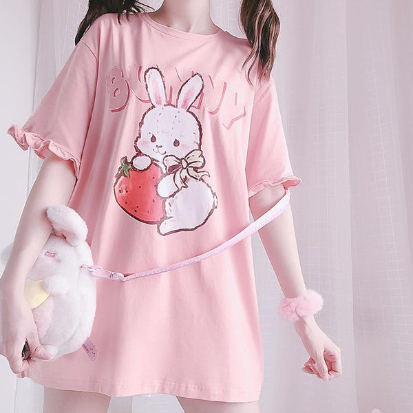 Strawbunny Oversized Tee - bunnies, bunny, bunny rabbit, oversized, shirt