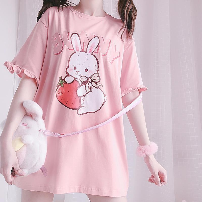 Strawberry Bunny Ruffle T-shirt Kawaii Top Strawbunny