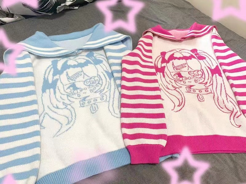 Striped eGirl Knit Hoodie - anime, fuzzy hoodie, hooded, hoodies, menhera Kawaii Babe