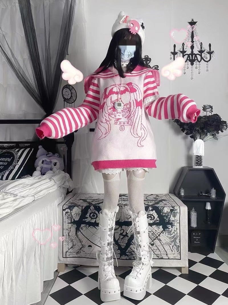 Striped eGirl Knit Hoodie - anime, fuzzy hoodie, hooded, hoodies, menhera Kawaii Babe